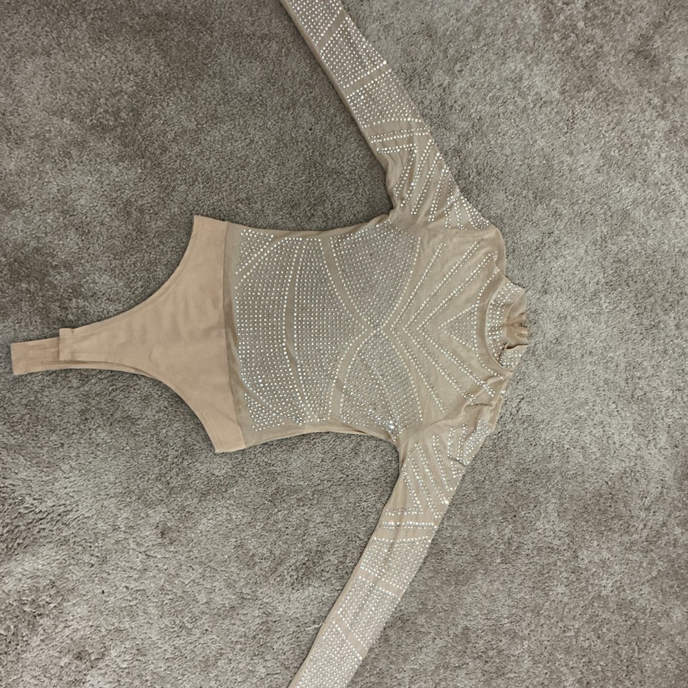 Rhinestone-Embellished Nude Long-Sleeve Bodysuit